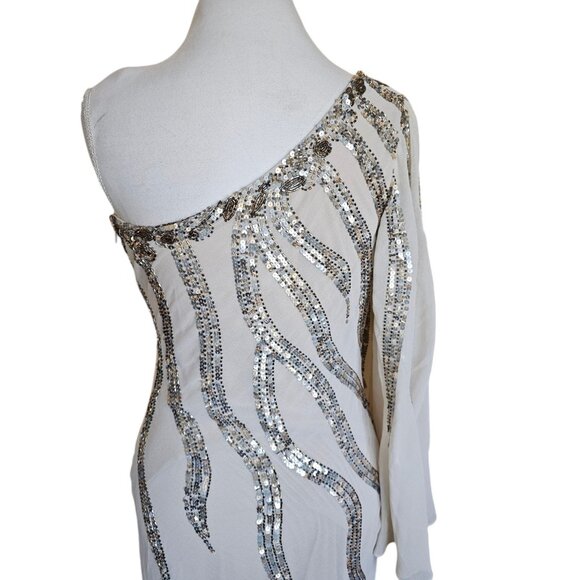Alberto Makali Size 12 Cream One Shoulder Cocktail Dress Sequins Metallic NWT - Picture 5 of 15
